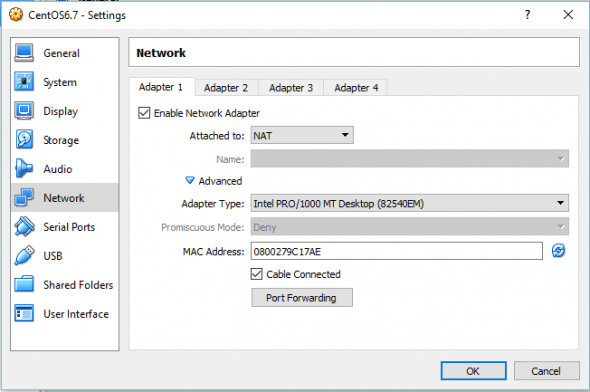 configuring virtualbox network settings