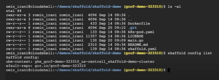 Figure 7: ‘$skaffold config list’ command is applied in the terminal