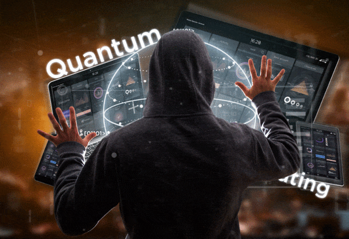 Hacker man holding Quantum Computing concept with Qubit and Devices 3D Rendering