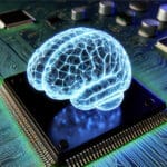 A high-resolution digital concept image of an artificial intelligence brain on a computer circuit board