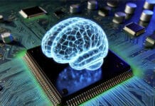 A high-resolution digital concept image of an artificial intelligence brain on a computer circuit board