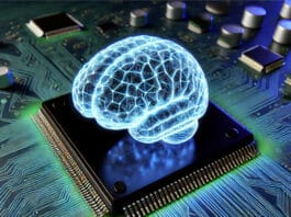 A high-resolution digital concept image of an artificial intelligence brain on a computer circuit board