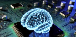 A high-resolution digital concept image of an artificial intelligence brain on a computer circuit board