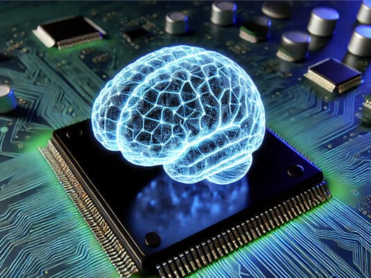 A high-resolution digital concept image of an artificial intelligence brain on a computer circuit board