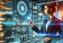 futuristic illustration of a professional woman analyzing data in a high-tech environment. She is interacting